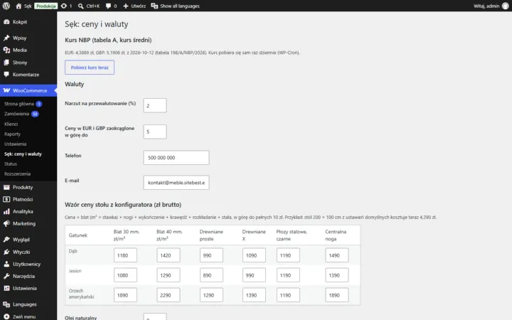 Table price rates and currency settings: changing a rate updates configurator prices straight away.