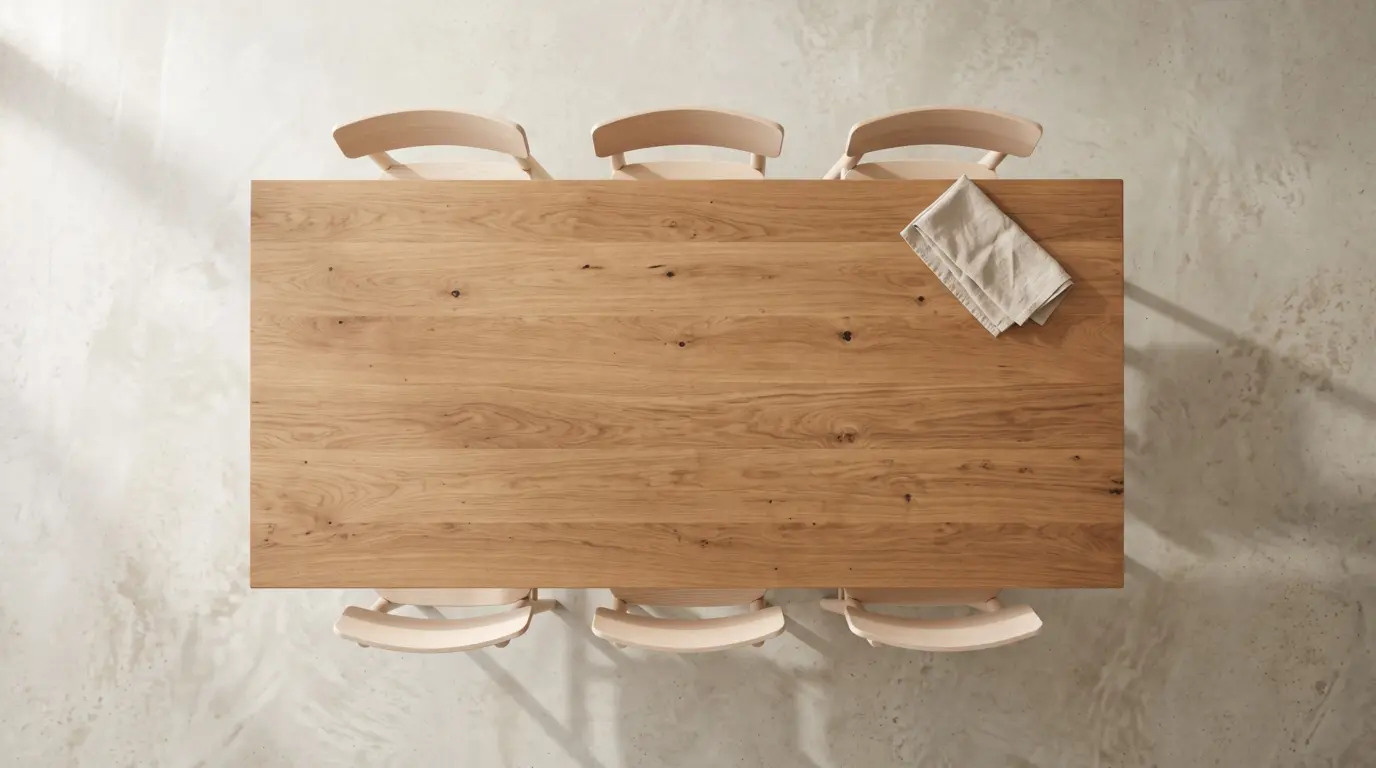 The oak “Rama” table, 200 × 100 cm, seen from above with six chairs on a pale floor