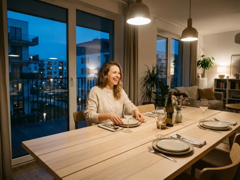 A walnut live-edge table in a dining room in Gdynia
