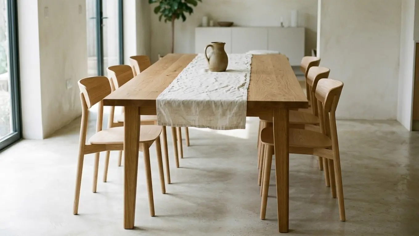 The oak “Rama” table in a bright dining room